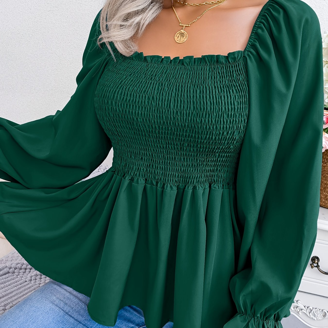 Shirred Lantern Sleeve Shirt, Casual Squared Neck Pleated Ruffle Trim Solid Shirt, Women's Clothing Wedding holiday vacation