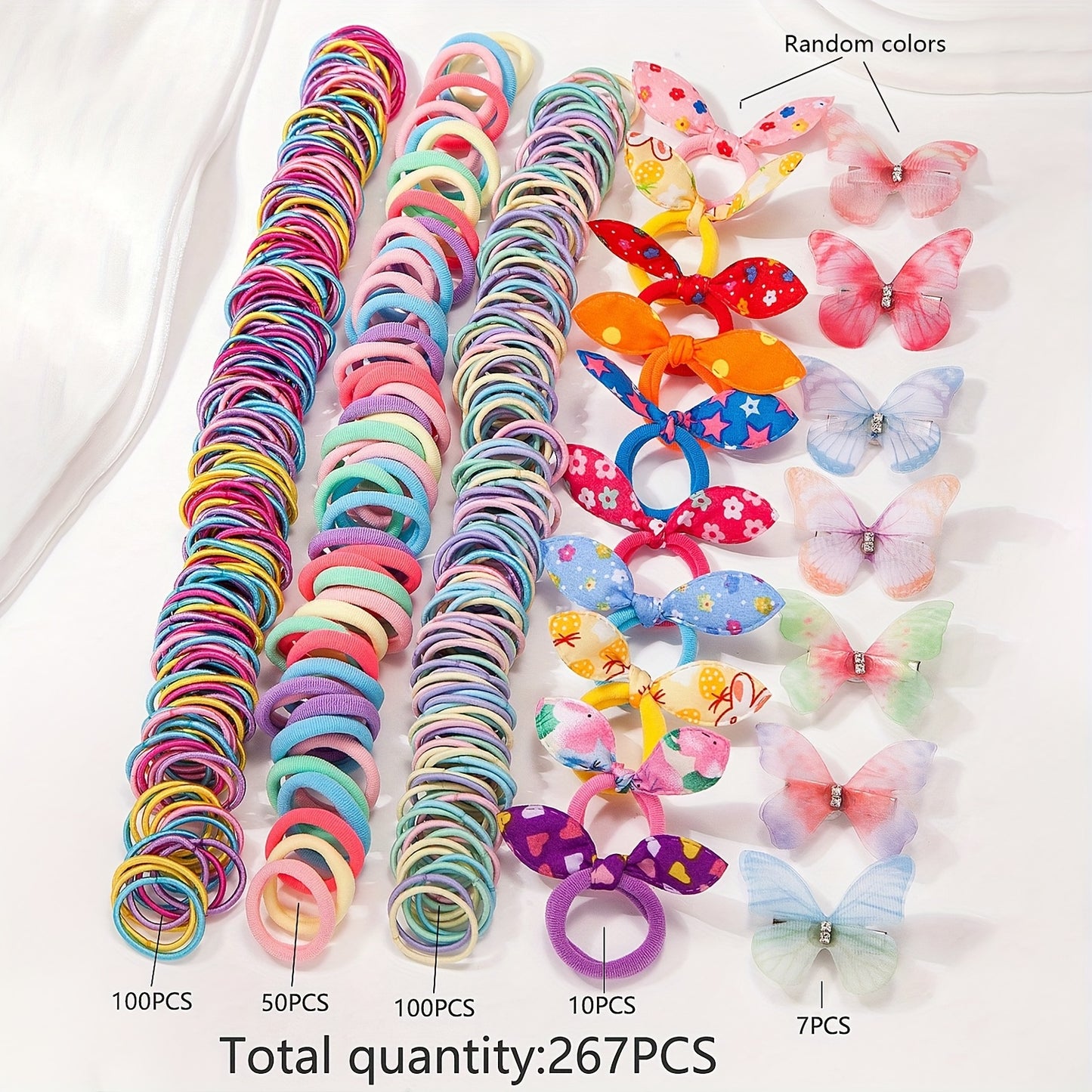 267pcs Girls' Multicolor Hair Tie Butterfly Clip Set, Cute Bunny Ears Headband High Elasticity Elastic Band Styling Accessories Colorful Flower Barrettes Hair Clips