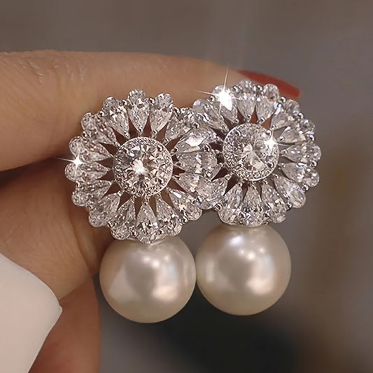 Fashion Flower zirconia Imitation Pearl Drop Earring For Women