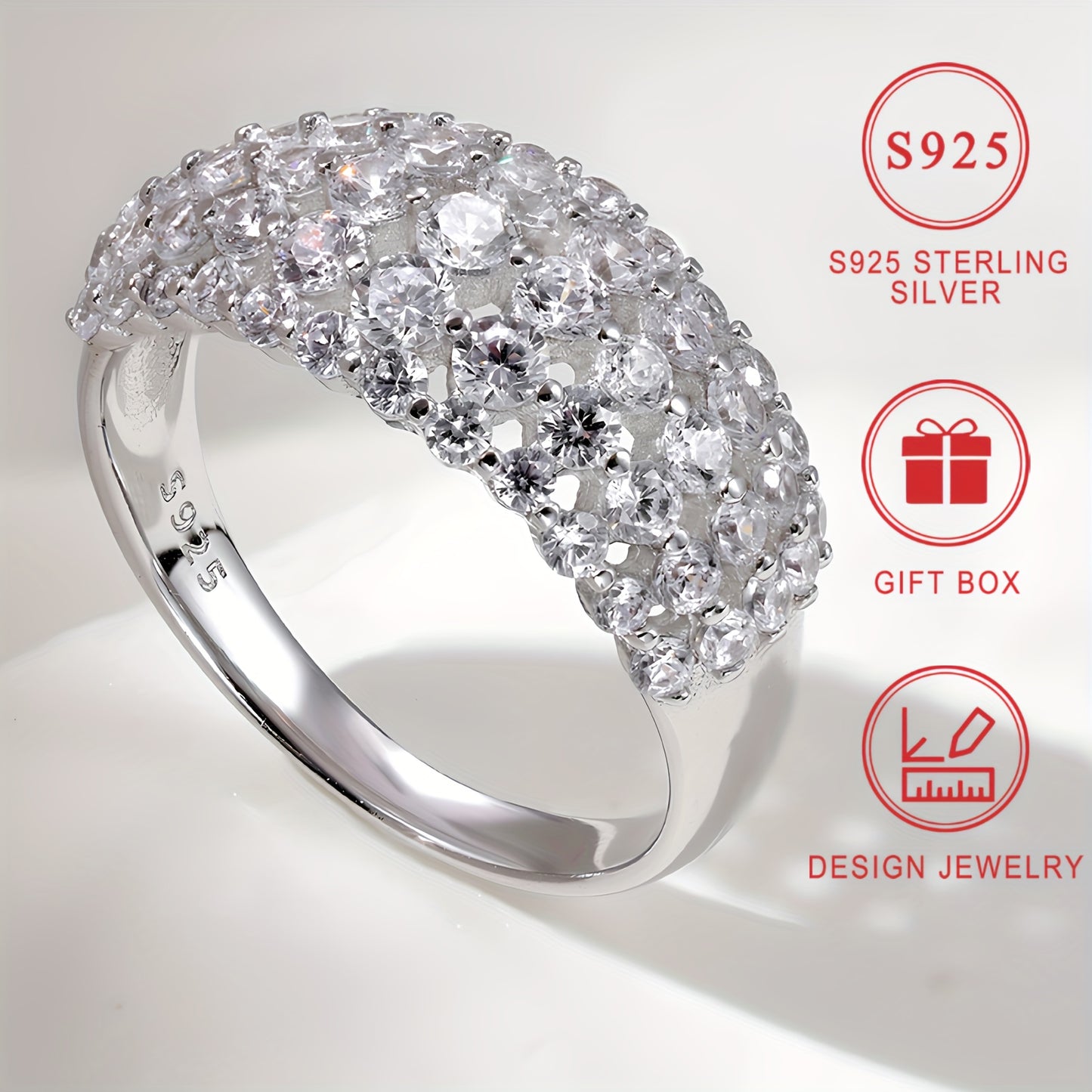 S925 Sterling Silvery Wide Version Ladies Ring Curved Diamond-studded Synthetic Zirconia Ring Ladies Stylish Design High Quality Ring Bead Jewelry Lovers Day Mothers Day Ramadan Eid al-Fitr Holiday Gift gift box