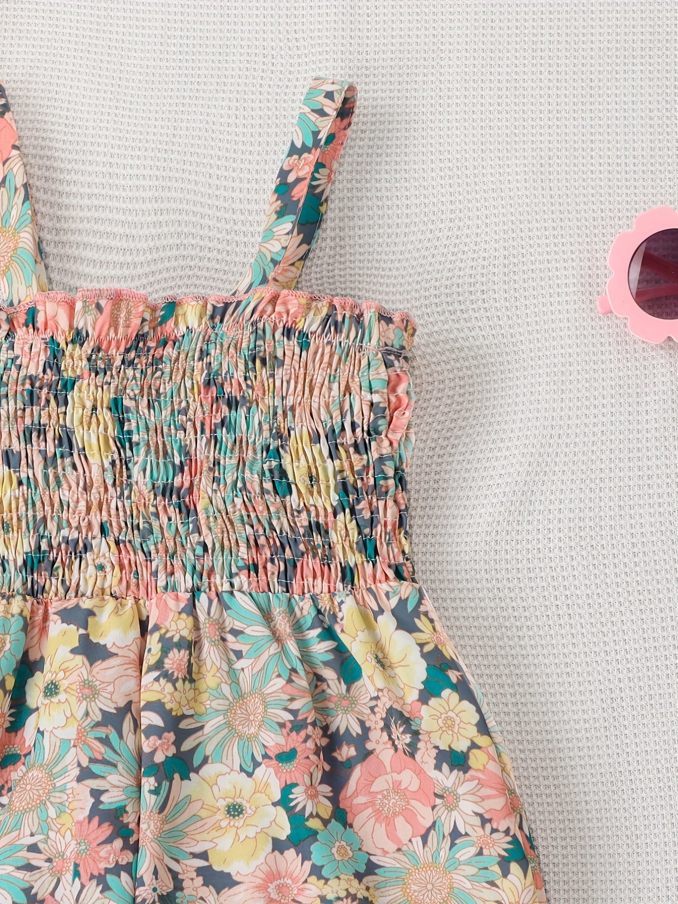 [Boho Flower Jumpsuit] Boho Flower Print Girls Shirred Cami Jumpsuit | For Going Out Party Holiday Kids Summer Clothes