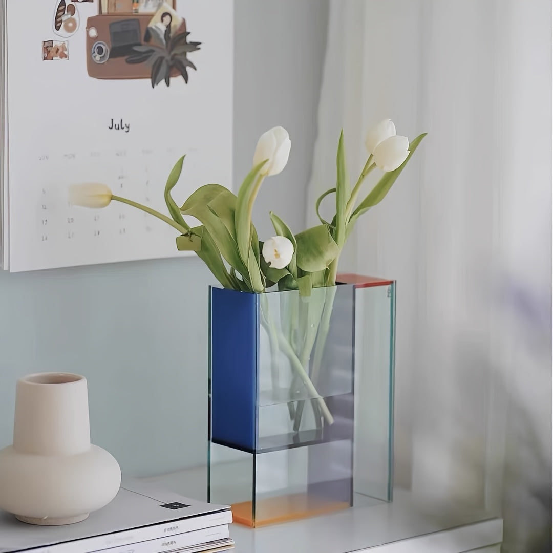 1pc, Mondrian Modern Acrylic Vase with Transparent, Red, Yellow And Blue Panels - Modern Art Decoration Suitable for Home Decor, Room Deco