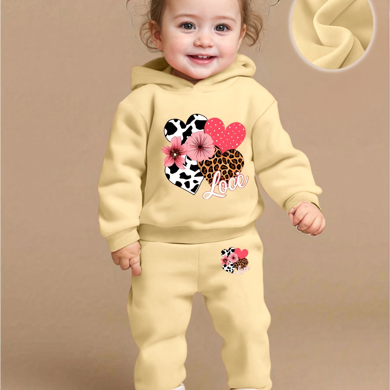 Baby Girl Love Love Flower Pattern Hoodie+Casual Pants Two Piece Set Spring and Autumn Sportswear, Perfect for Outdoor