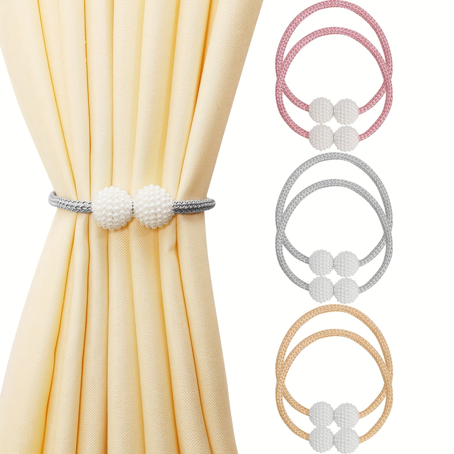 2pcs Elegant Magnetic Curtain Tiebacks - Contemporary Polyester Rope Holdbacks with Pearl-Like Beads, Decorative Window Drapery Ties for Home & Office Decor, Stylish Curtain Tieback|Contemporary Design|Bead Detailing