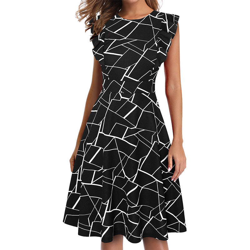 Women's Ruffle Sleeve Slim-fit Printed Dress