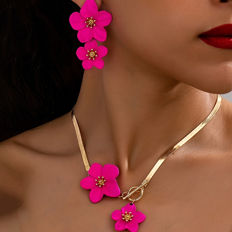 2pcs/set Fashionable and Elegant Flower Pendant Necklace and Earrings Jewelry Set Suitable for Women's Daily Gatherings, Parties, Holiday Travel, and as a Gift for Your Wife on Festivals