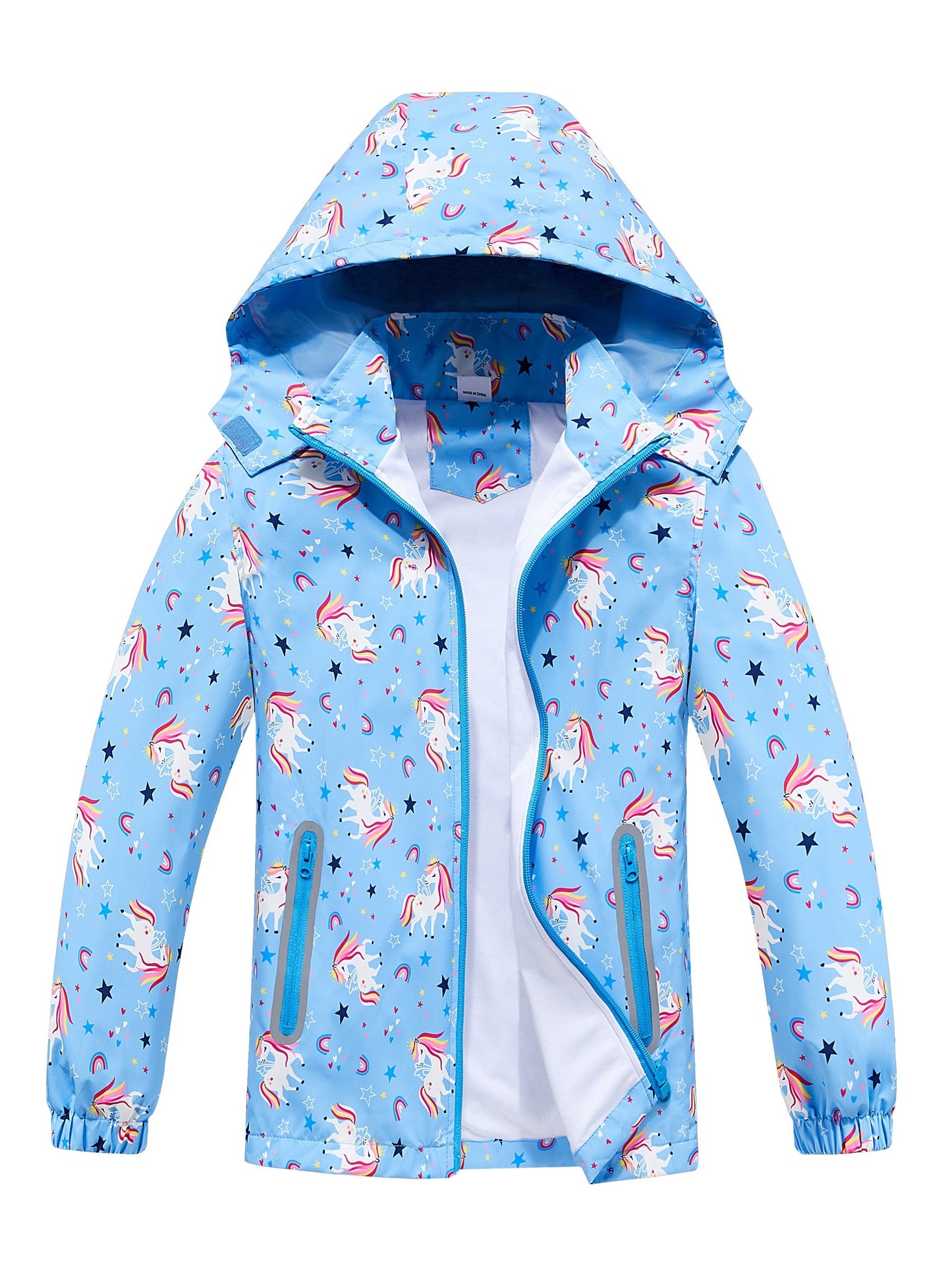 Girls' Unicorn Jacket - Lightweight Windproof Hooded Outerwear with Removable Hood, Pastel Rainbow & Clouds Design, Zip-Up Front, Long Sleeves, and Pockets for Spring/Fall Casual Wear, Unicorn Clothes, Playful Kids Fashion, D