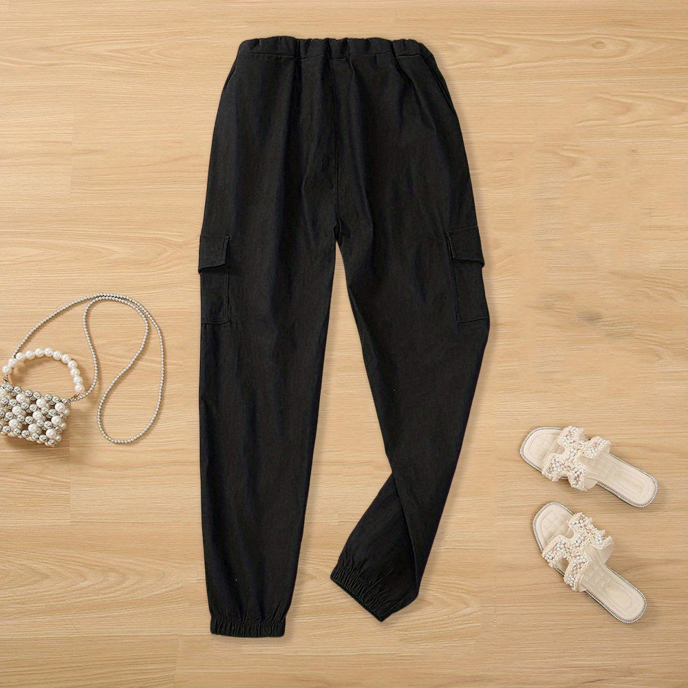 Y2K Chic Drawstring Cargo Pants - Stretchy Elastic Waist, Long Length, Multiple Pockets, Casual Comfortable Women's Clothing for Everyday Wear
