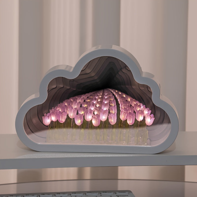 1pc Handcrafted Tulip Cloud LED Night Light with Mirror - Multicolor Flower Sea Glow, Adjustable Brightness, Battery-Powered Desk Lamp for Bedroom & Living Room Ambiance - Ideal Gift for Girlfriend, Best Friend on Christmas,