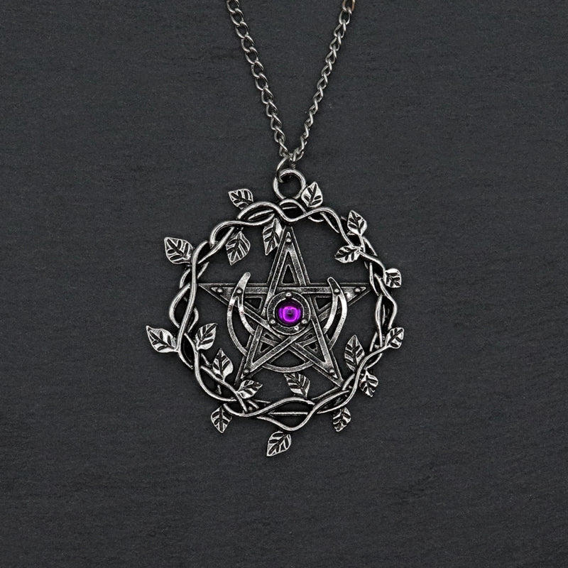 Vintage Pentagram Leaf Mosaic Purple Gemstone Pendant Necklace Women Fashion Wedding Party Jewelry Gifts