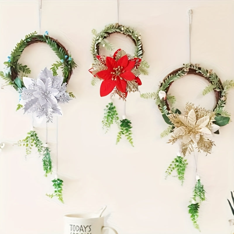 60-Piece 5.5-Inch Shiny Double-Layer Pink Edge - Christmas Floral Strips with Tree Decor and Wreath Accessories - Ideal for Holiday Parties & Weddings - Includes 30 Flower Branches + 30 Clips