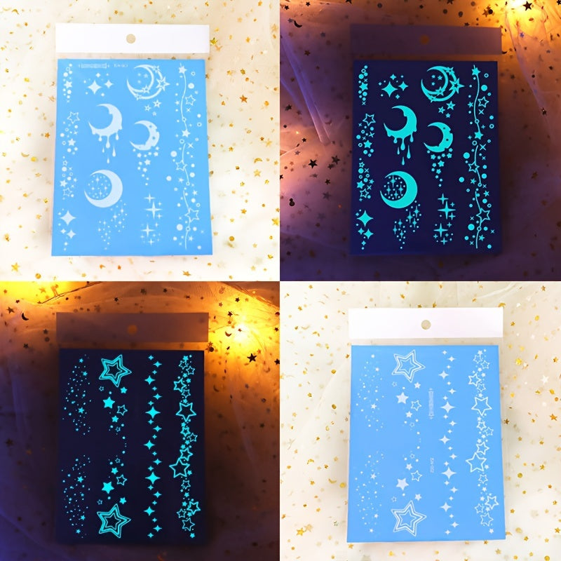 4 Sheets Glow-in-the-Dark Tattoo Stickers - Moon, Stars, Butterfly & Flower Designs for Women & Girls, Luminous Face & Body Art for Weddings, Nightclubs, Music Festivals & Parties, Gift for Eld, Gift for Ramadan