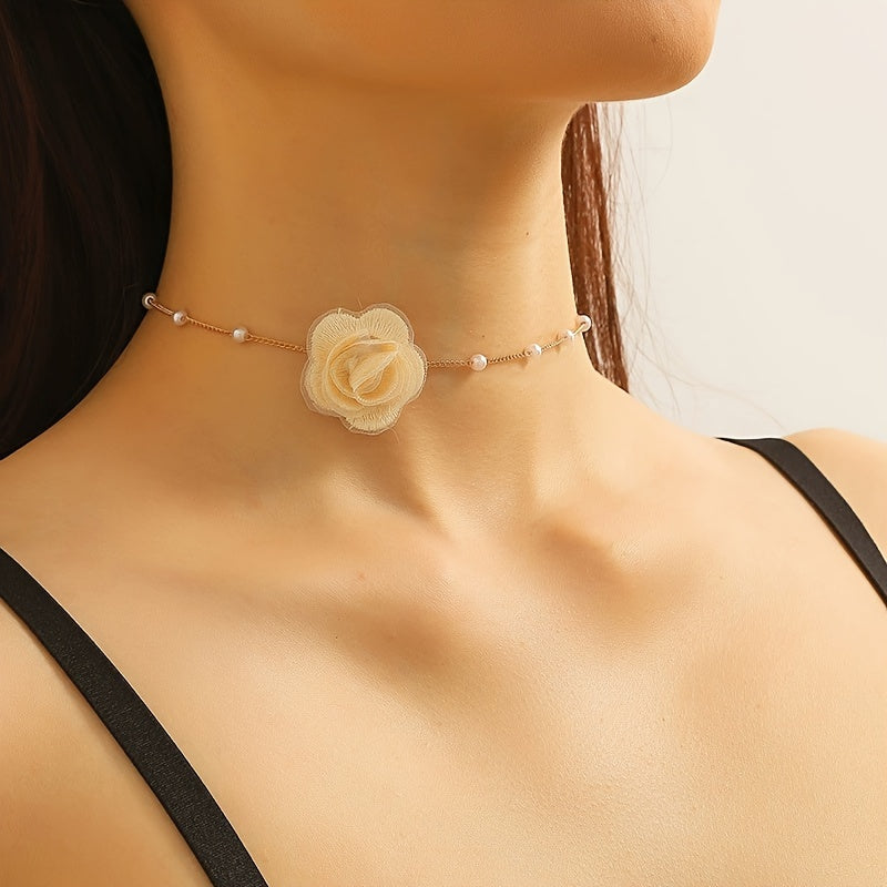 1pc Elegant Coquette Style 18K Golden Plated Faux Pearl Choker Necklace with Acrylic Fiber Flower, Versatile for Daily Wear, Parties, Weddings, and Special Occasions