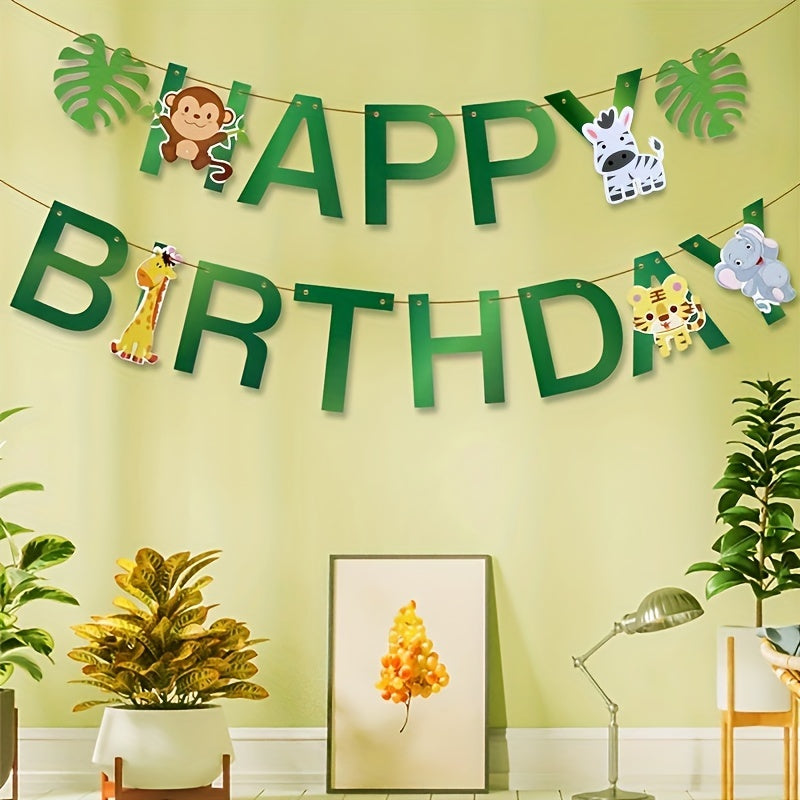 Paper Jungle Animal Happy Birthday Banner, Monkey Giraffe, Woodland, for Birthday Decoration, with Use Without Electricity, for Room, Garden, Entryway