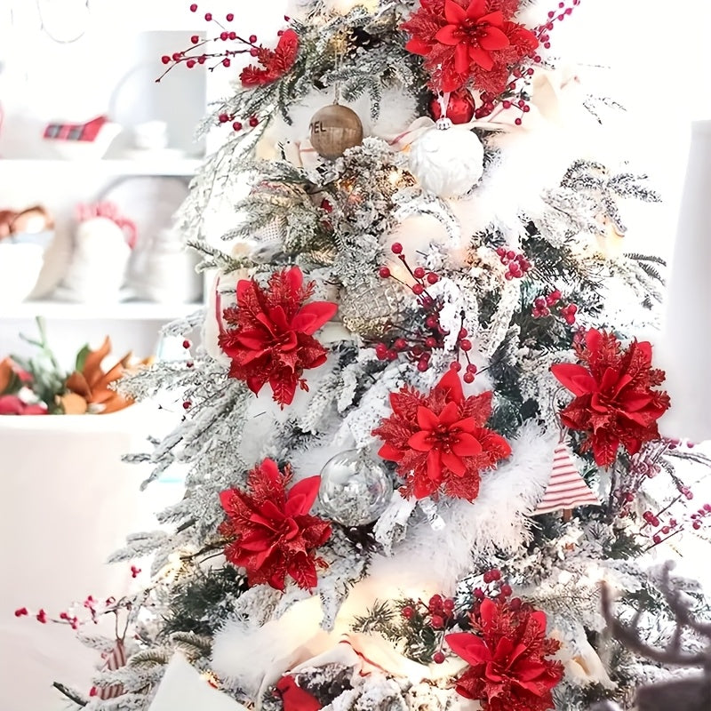 60-Piece 5.5-Inch Shiny Double-Layer Pink Edge - Christmas Floral Strips with Tree Decor and Wreath Accessories - Ideal for Holiday Parties & Weddings - Includes 30 Flower Branches + 30 Clips