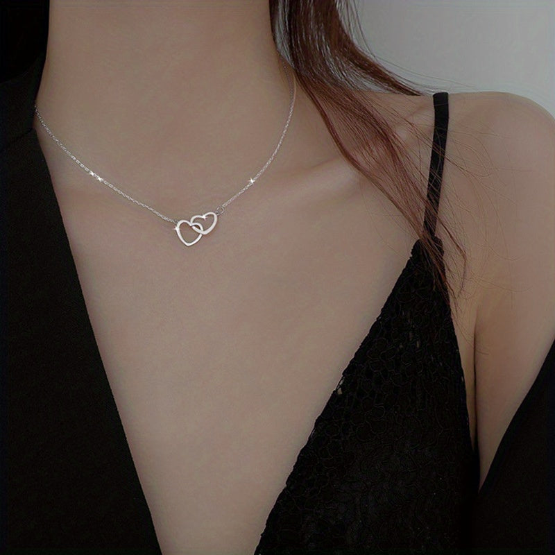1pc, Exquisite Double Peach Heart Pendant Necklace - Stylish Metal Alloy Jewelry with Elegant Design, Perfect for Daily Wear, Party, Mothers Day, Valentines Day, and Birthdays - A Charming Clothing Accessory and Festival Gift