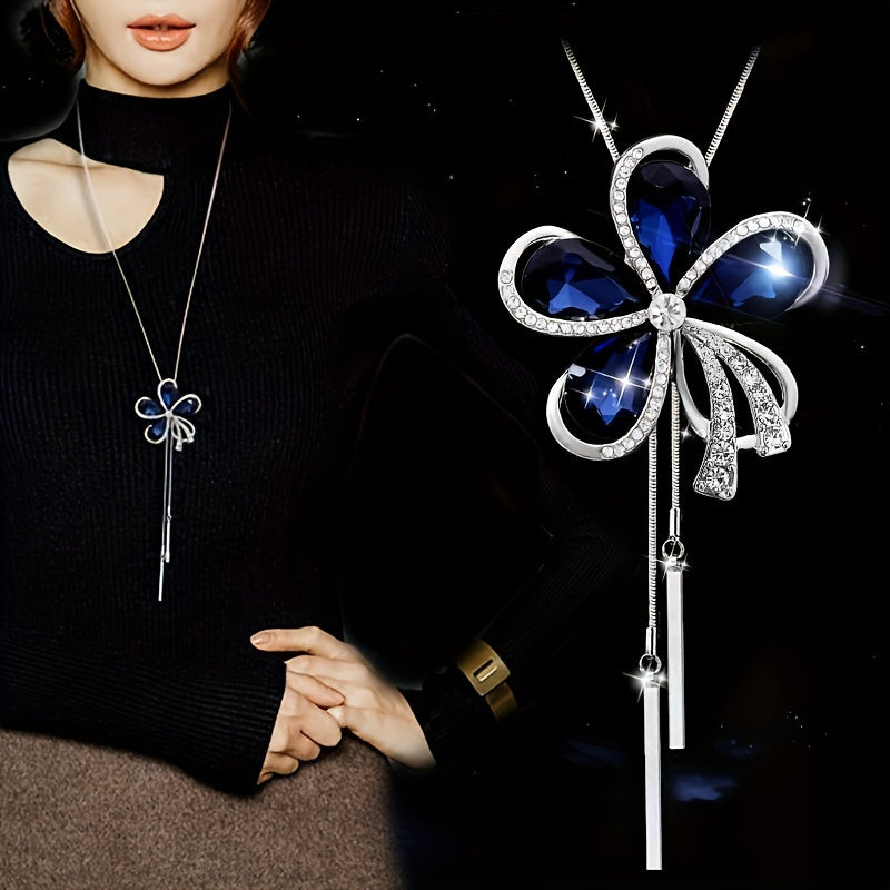 Personality Sparking Artificial Blue Crystal Flower Clothing Pendant Sweater Chain Women's Long Necklace