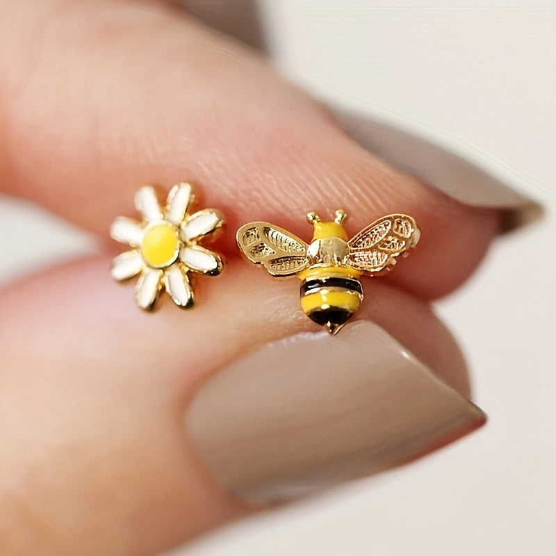 Elegant Vintage Style Copper Jewelry Delicate Asymmetric Bee Flower Design Stud Earrings - For Women Summer Earrings