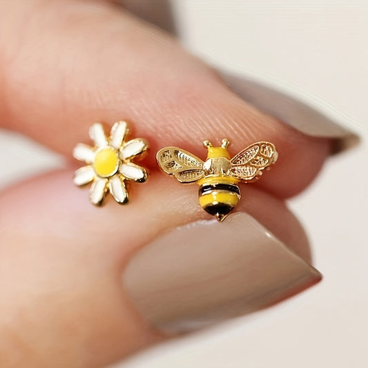 Elegant Vintage Style Copper Jewelry Delicate Asymmetric Bee Flower Design Stud Earrings - For Women Summer Earrings