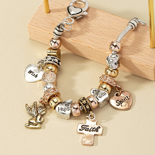 Snake Chain Beaded Bracelet Cross & Love Heart Etc Shape Pendant Sweet Alloy Bracelet For Women