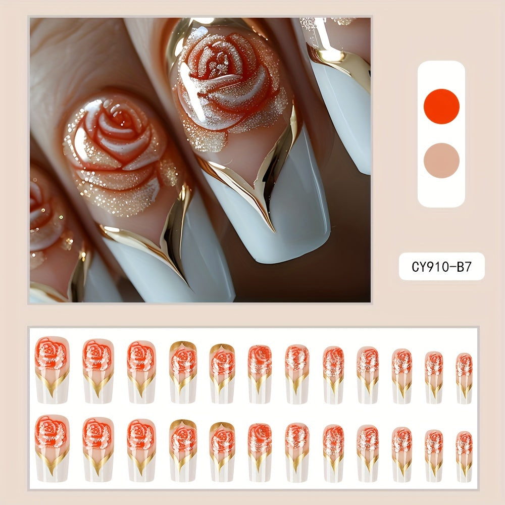 24pcs Glossy Medium C-Curve Press On Nails with Pink Flower and Golden Stripe Pattern Artificial Reusable False Nails for Women, Medium Length Press On Nails