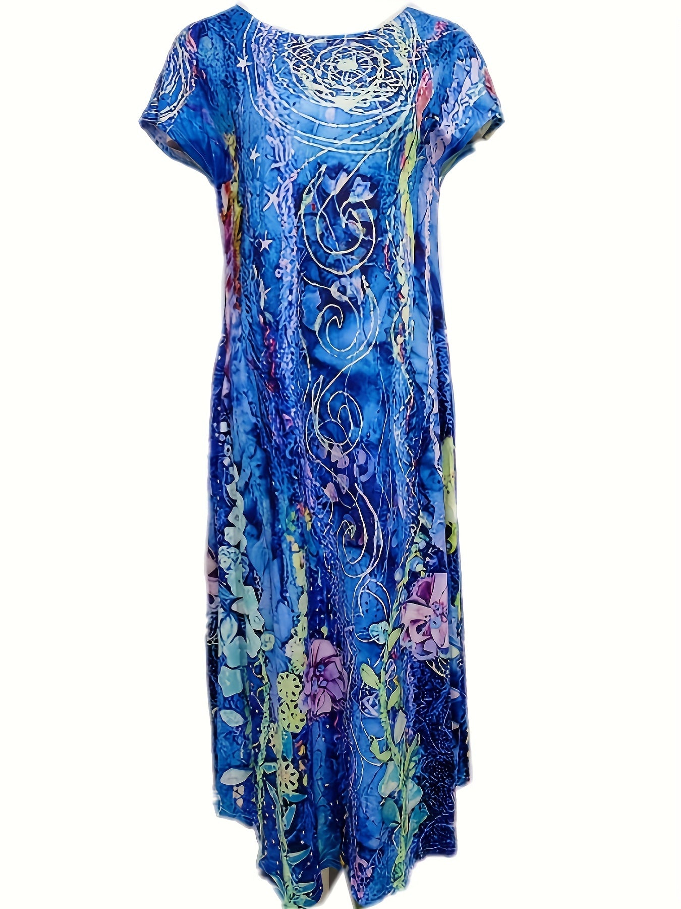 Vibrant Butterfly Print Fitted Crew Neck Pocket Dress - Soft Micro Elasticity Polyester Fabric, Random Printing, Vacation Style for Summer - Womens Casual Every Day Wear