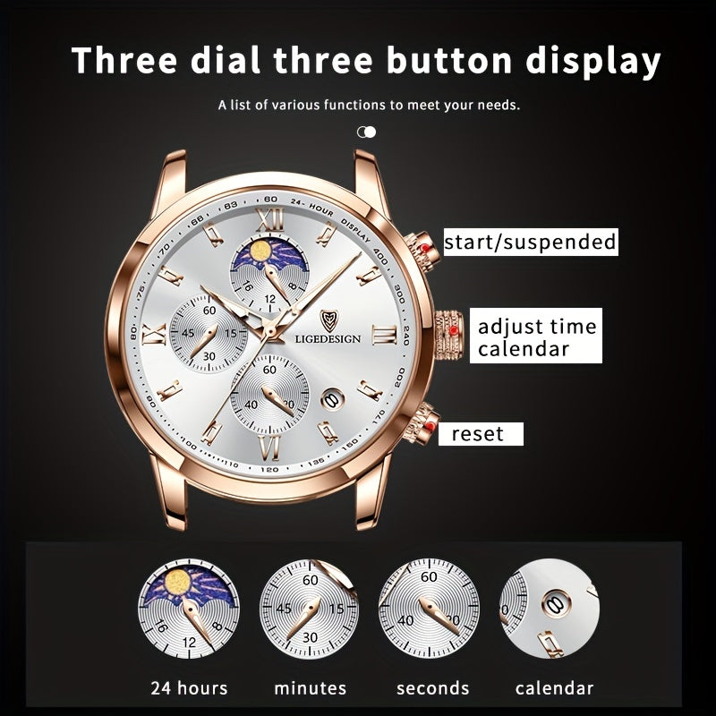 LIGE Men'S Quartz Watch | Vintage Style | Multi-Functional Chronograph | 30m | Calendar & Moon Phase | High-Quality Strap | Zinc Alloy Case, Electronic Drive | Non-rechargeable Button Battery | Luxury Business Watch, Business