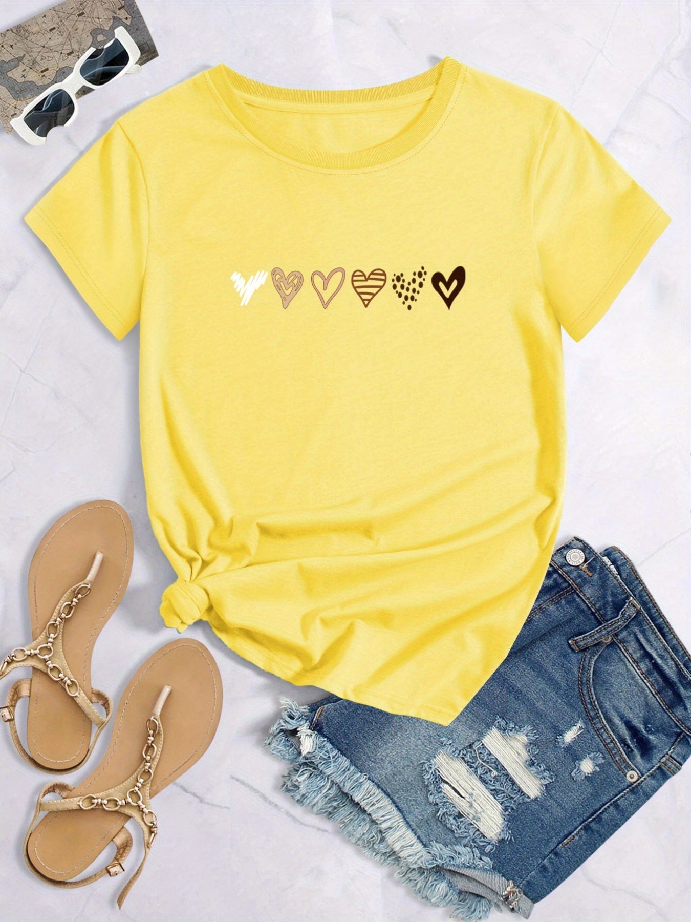 Chic Heart Motif Womens T-Shirt - Soft, Breathable Fabric - Perfect for Spring & Summer Leisurewear