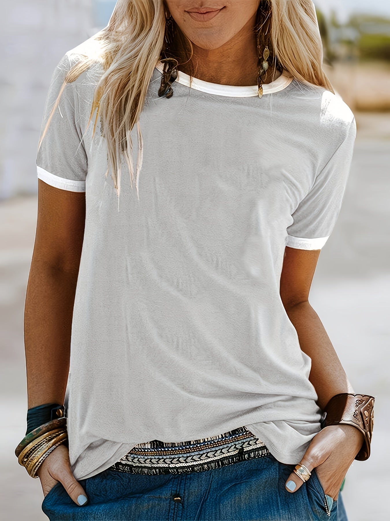 Summer Loose Crew Neck Short Sleeve Casual Simple T-shirt, Women's Clothing
