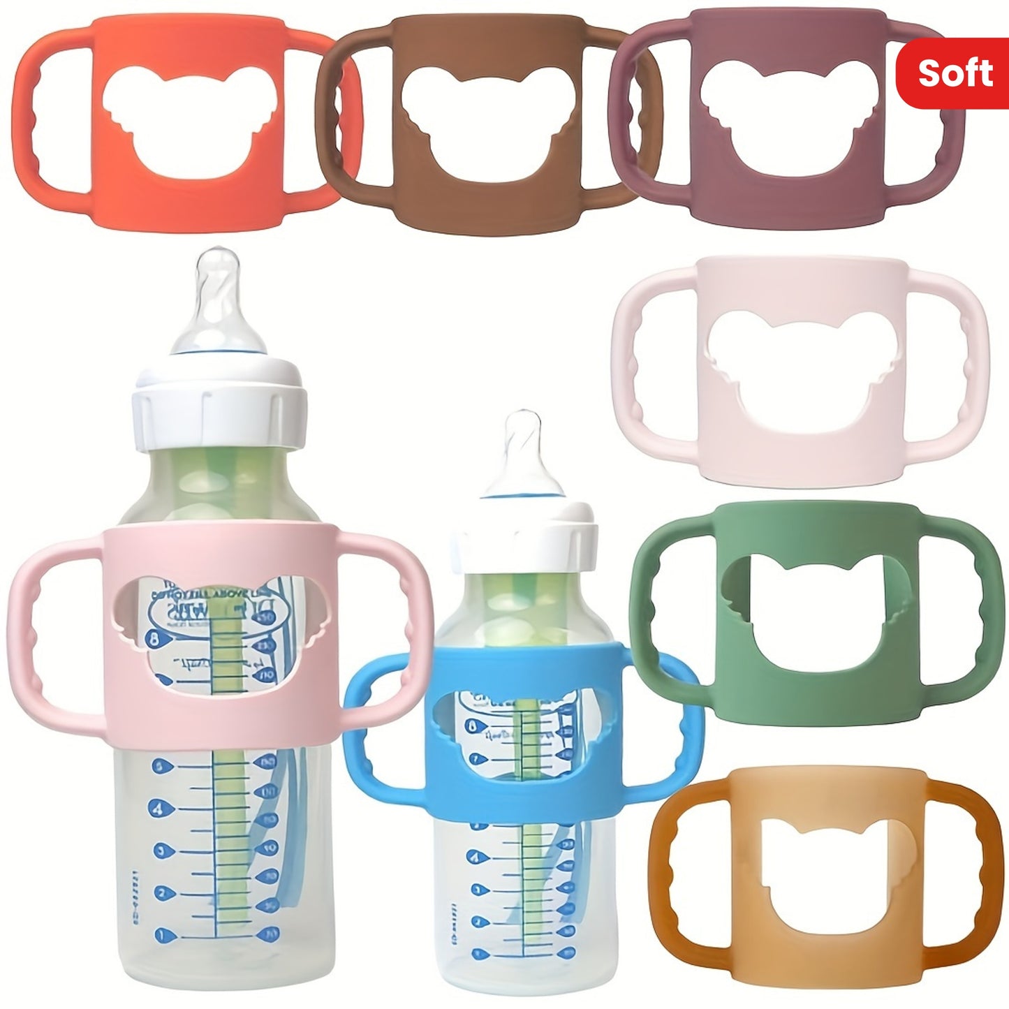 [Silicone Baby Handle] Soft Elastic Silicone Baby Bottle Handle With Cartoon Pattern | Daily Use Baby Bottle Accessories | Suitable For Most Neck Bottles