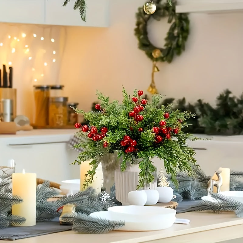 20pcs Realistic Artificial Pine Branches with Red Berries - Green Plastic Christmas Sprigs for DIY Wreaths, Garlands, Table Centerpieces, Winter & Holiday Decor (Vase Not Included) - Fake Pine Needles for Home Decoration, Chr