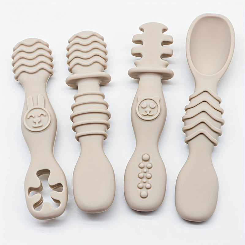 4pcs Baby Silicone Chewing Spoon Set, Food Grade Silicone Spoon And Fork Set, Silicone Spoon, Silicone Cutlery Training, Soft Feeding Cutlery