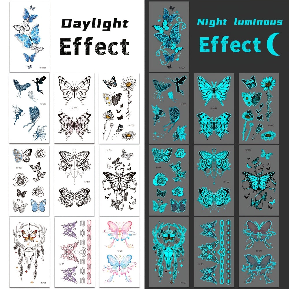10 Sheets Blue Luminous Butterfly Tattoos, Glow In The Dark Vibrant Blue Butterfly Fairy Flower Rose Pattern Fake Tattoo, Decoration At Nightclub & Music Events, Waterproof & Realistic Lasting 2-5 Days, Butterfly Shoulder Cla