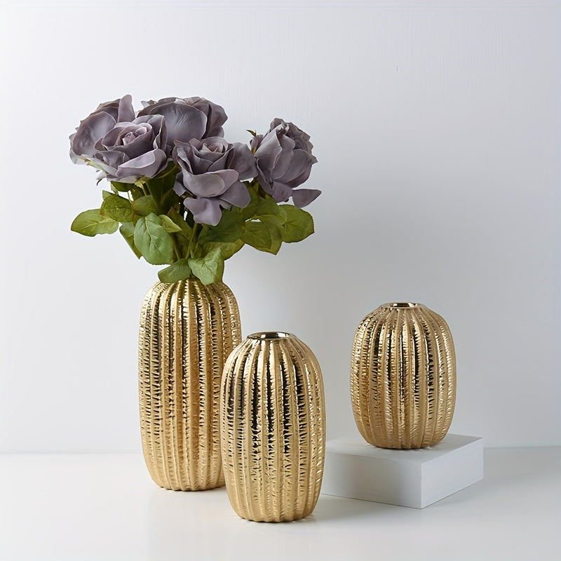 1pc Modern Simple Ceramic Vase Ornament Creative Golden Flower Vase Home Living Room Soft Decoration Dried Flower Vase