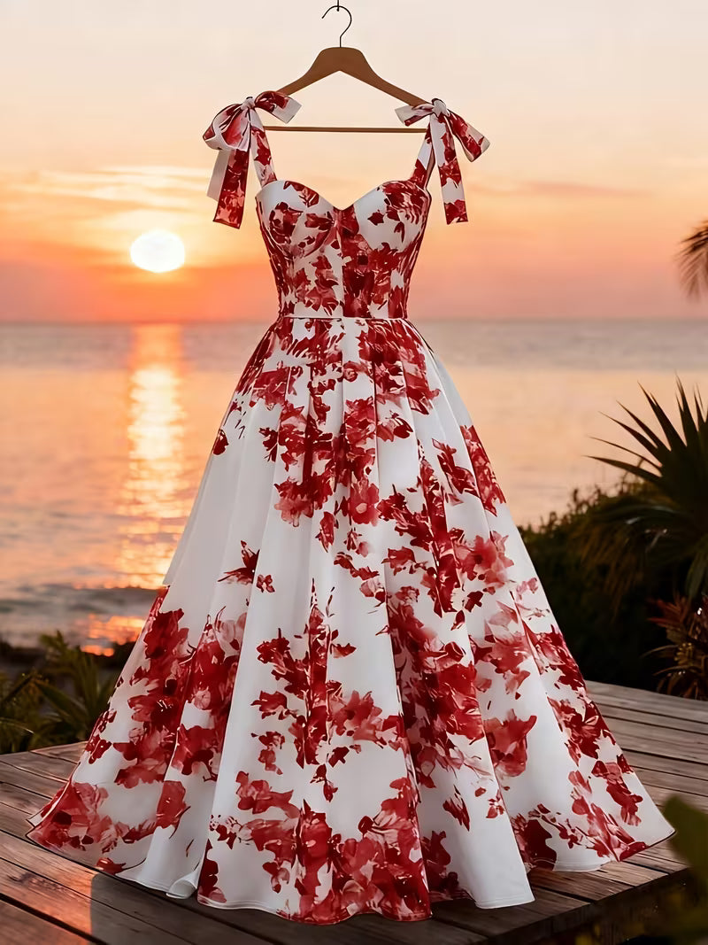 Floral Print Shoulder Tie Waistline Women's Elegant Vacation Dress