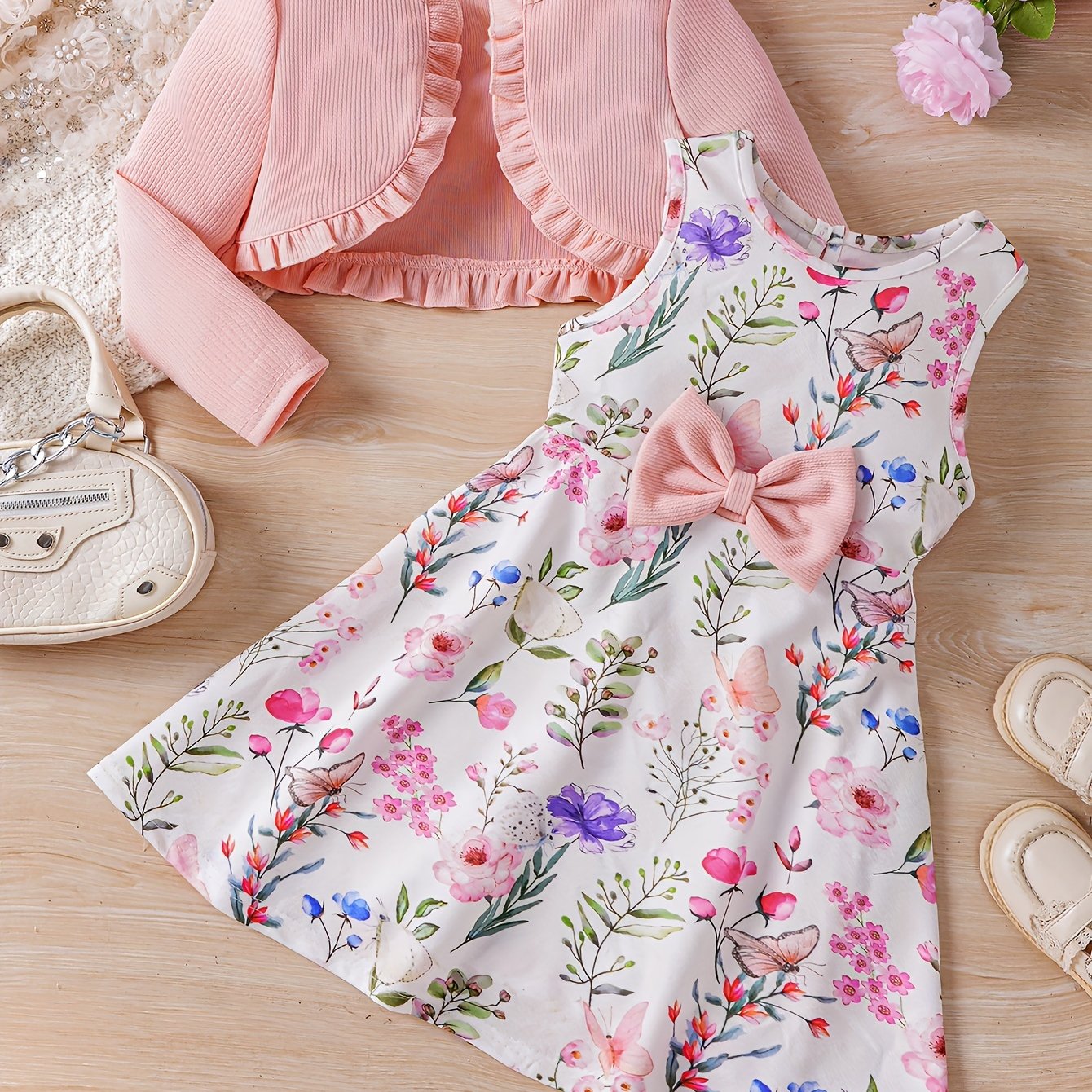 Sweet Girls 2pcs Solid Frill Trim Long Sleeve Outerwear + Flower Graphic Sleeveless Dress Set For Summer Party Gift