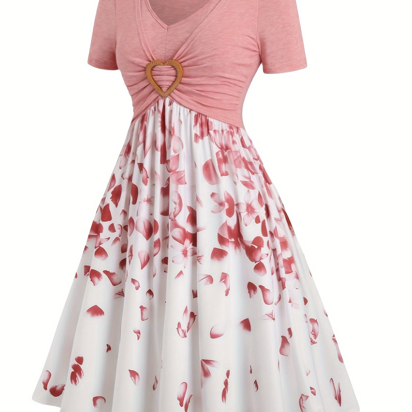 Women's Flower Print Heart Ring A-line Dress V-neck Short Sleeve Dress, Flower Print