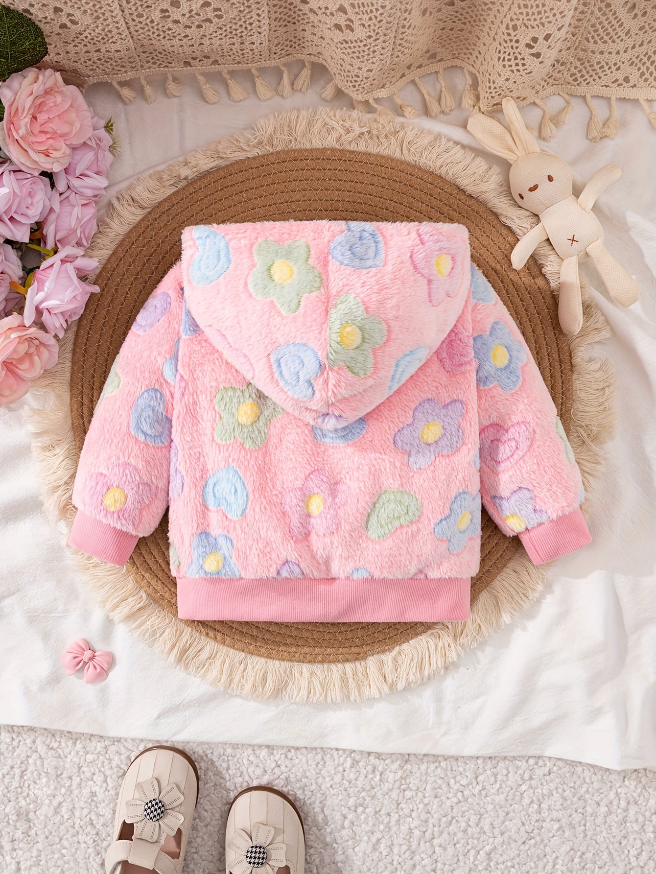 Baby Girls Floral Hooded Jacket - 100% Polyester Long Sleeve Coat with Zipper, Soft Plush Knit Fabric, Regular Fit for Outdoor Play in Fall/Winter, Skiing Compatible, Thick
