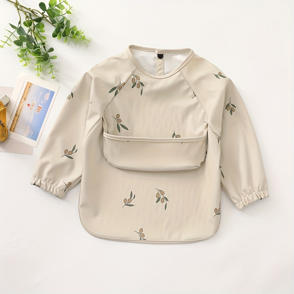 Unisex Baby Long Sleeve Bib with Crumb Catcher, Polyester Fiber, Snap Closure, Kids Eating Apron with Pocket, White/Beige/Mixed Colors