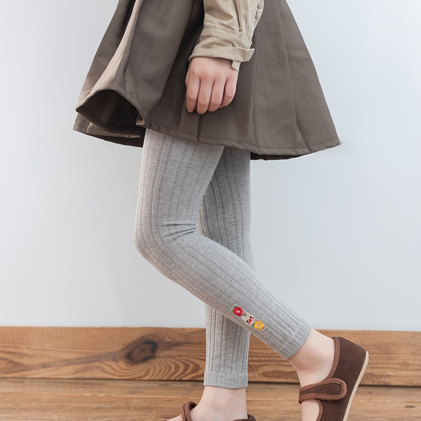 Kids' Base Pants, Girls' Spring/Autumn Vertical Stripe Slim Fit Knit Socks Embroidered Casual 9/10 Pants