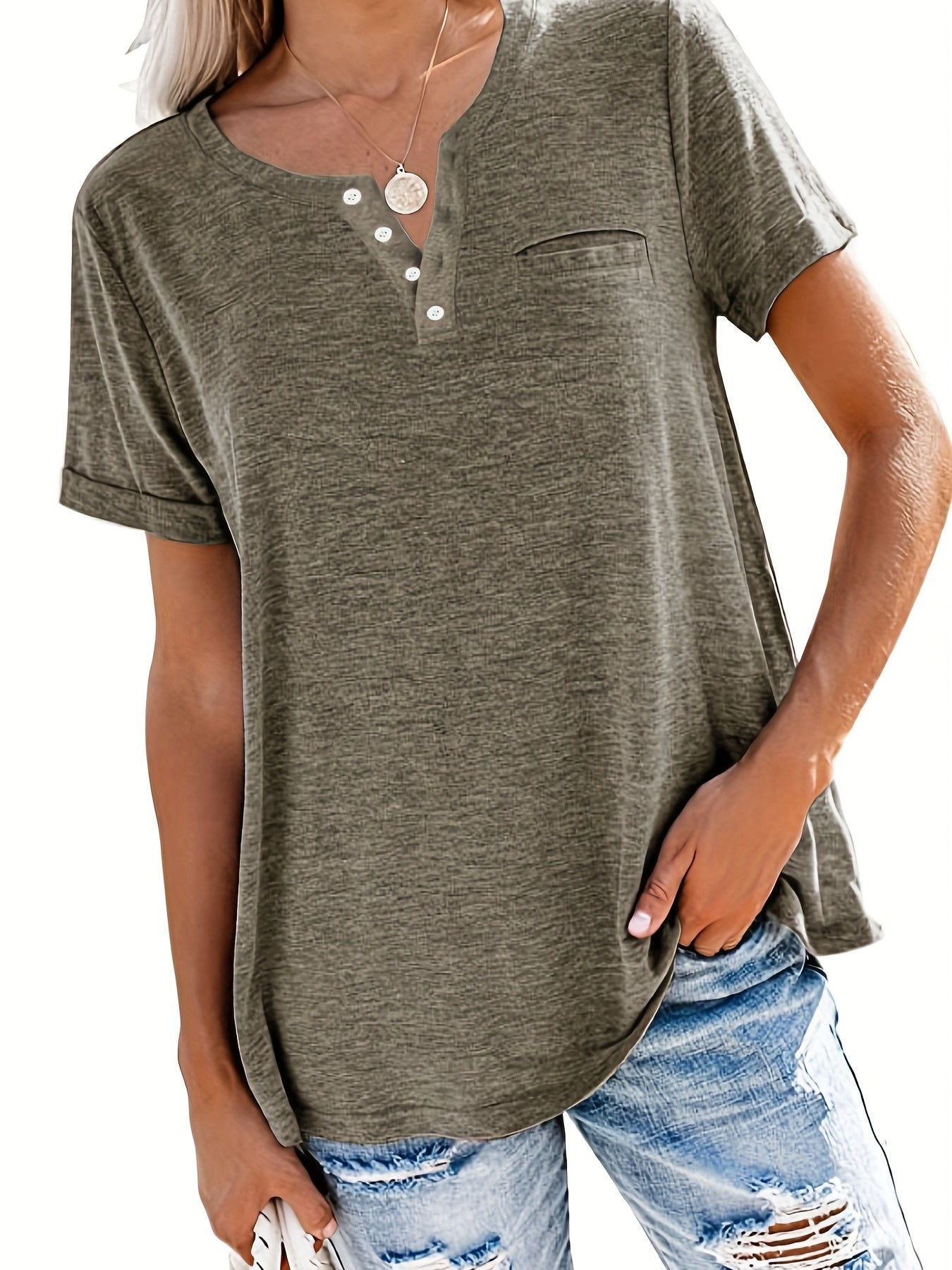 Plus Size Button Front Short Sleeve T-shirt, Women's Plus Slight Stretch Casual Tee