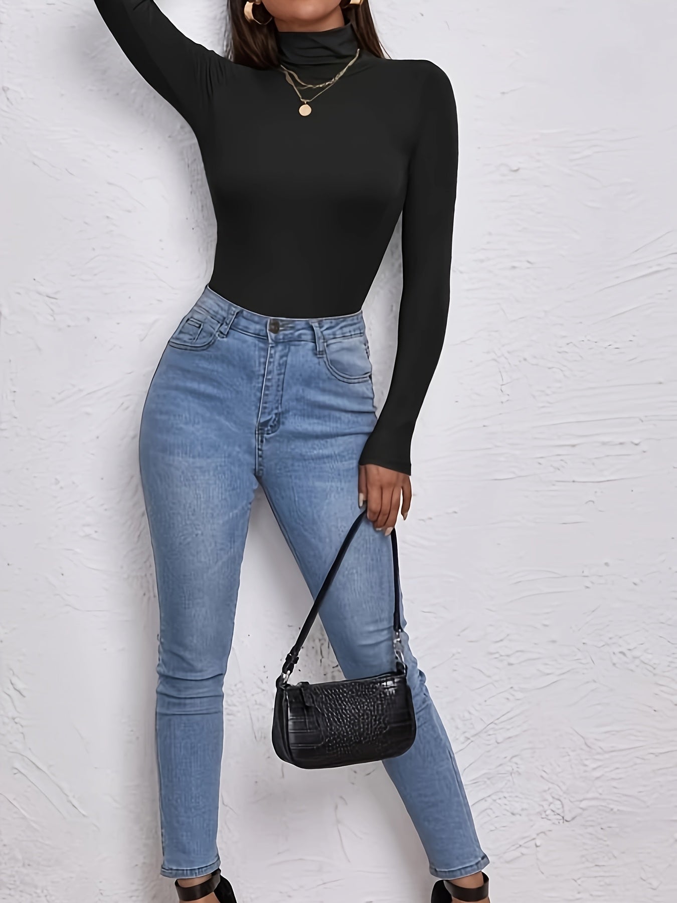 Women'S High-Neck Long Sleeve Crop Top - Stretchy Black Polyester Blend, Casual Chic Fit with Button Detail, Perfect for Fall/Winter, Casual Chic Top|Minimalist Style|Polyester Blend