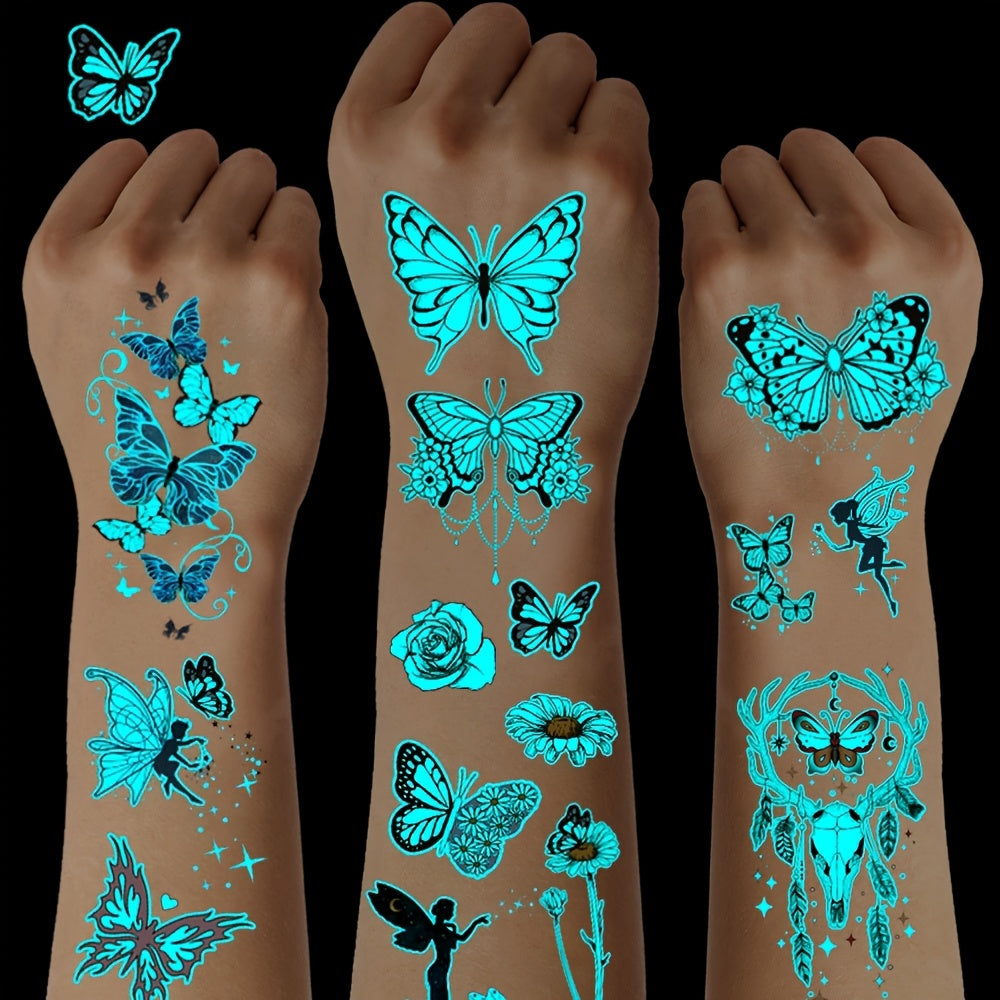 10 Sheets Blue Luminous Butterfly Tattoos, Glow In The Dark Vibrant Blue Butterfly Fairy Flower Rose Pattern Fake Tattoo, Decoration At Nightclub & Music Events, Waterproof & Realistic Lasting 2-5 Days, Butterfly Shoulder Cla