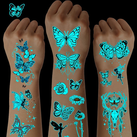10 Sheets Blue Luminous Butterfly Tattoos, Glow In The Dark Vibrant Blue Butterfly Fairy Flower Rose Pattern Fake Tattoo, Decoration At Nightclub & Music Events, Waterproof & Realistic Lasting 2-5 Days, Butterfly Shoulder Cla
