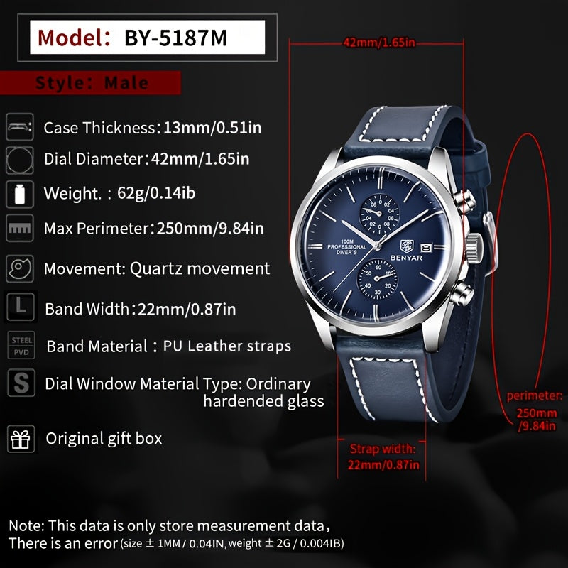 1pc New BENYAR Men's PU Leather Quartz Wristwatch, Men's 100M Multifunctional Watch Military Sports Chronograph Watch For Men