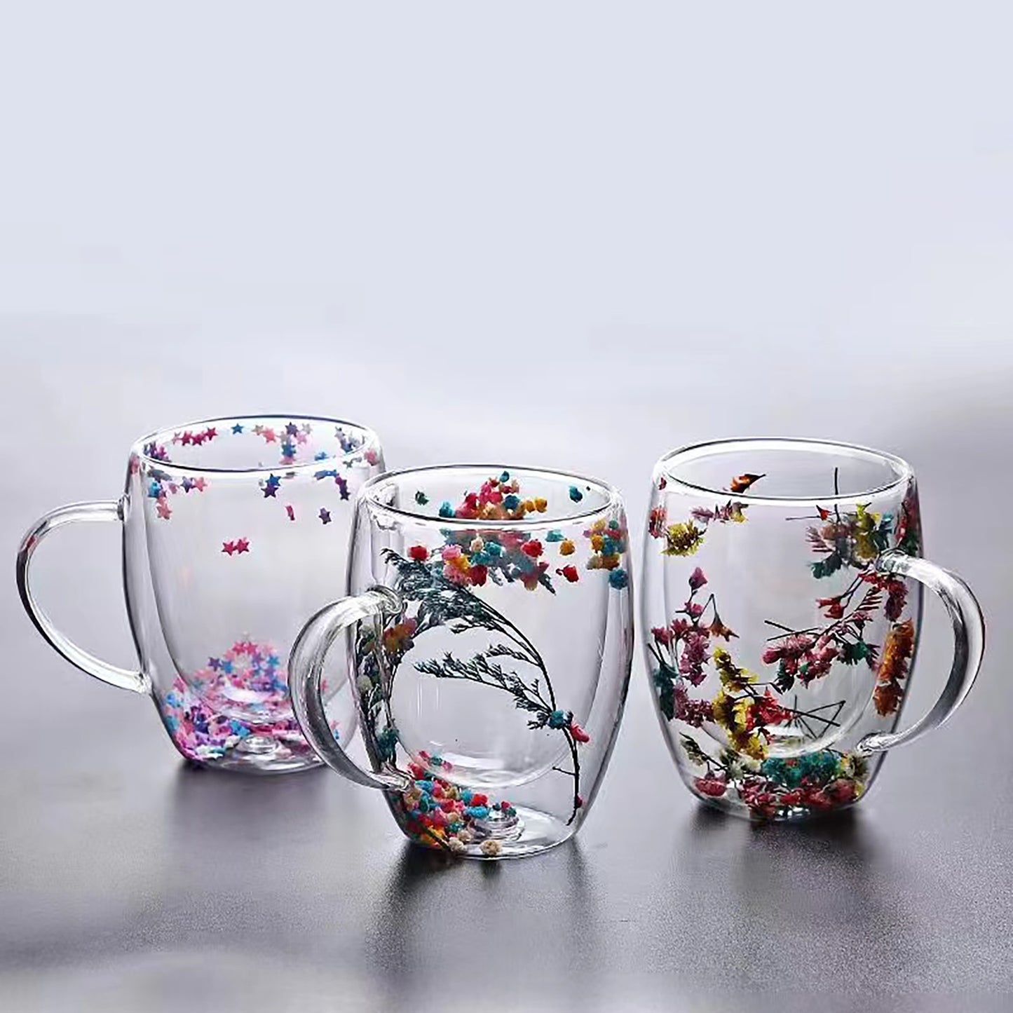 1pc Elegant Double-Walled Glass Coffee Mug with Dried Flower Detail - Thermal Insulated Drinkware for All Seasons - Ideal Birthday Present