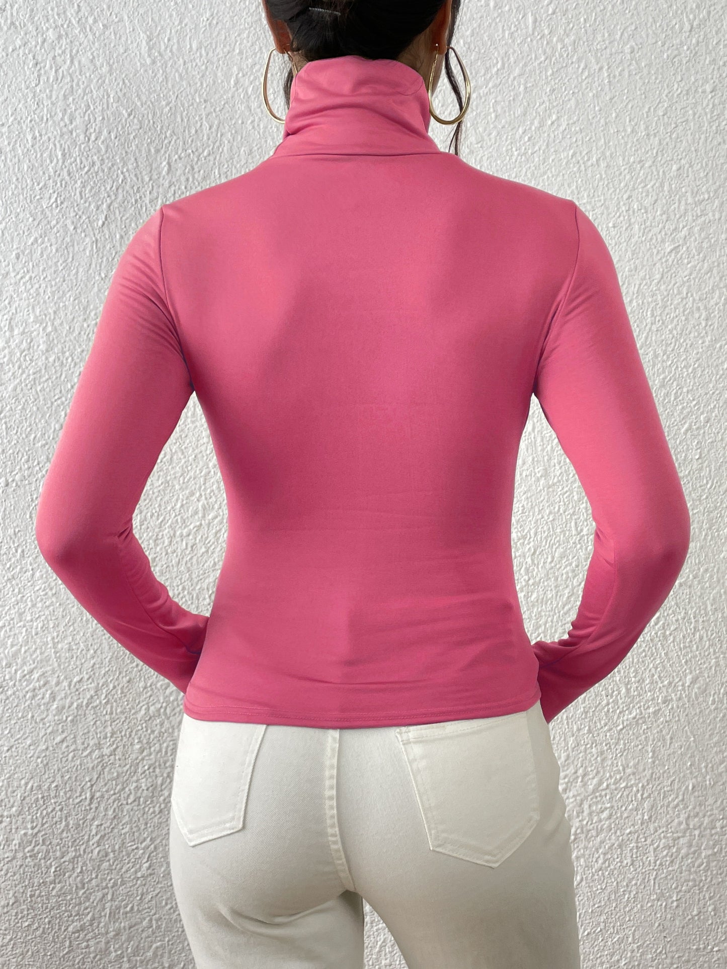Women'S High-Neck Long Sleeve Crop Top - Stretchy Black Polyester Blend, Casual Chic Fit with Button Detail, Perfect for Fall/Winter, Casual Chic Top|Minimalist Style|Polyester Blend