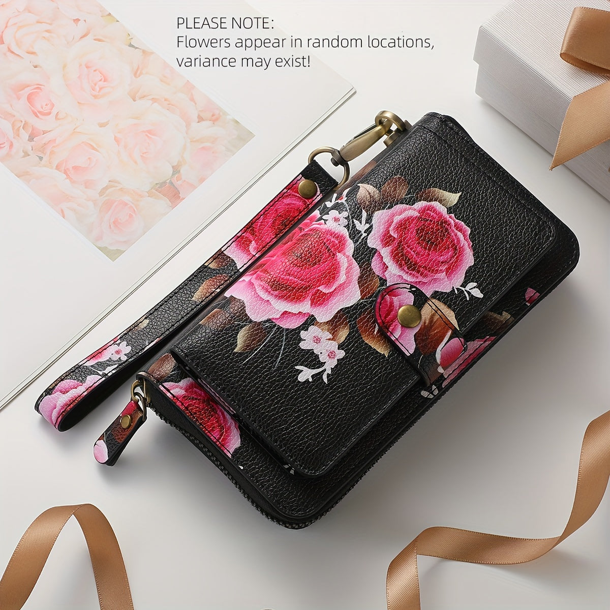 Flower Pattern PU Leather Zipper Handbag Fashion Large Capacity Long Wallet Clutch Bag Phone Bag Multi-card Card Holder Coin Purse Wallet