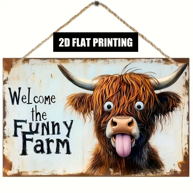 2D Flat 1pc Funny Tongue Highland Cow Wooden Hanging Sign