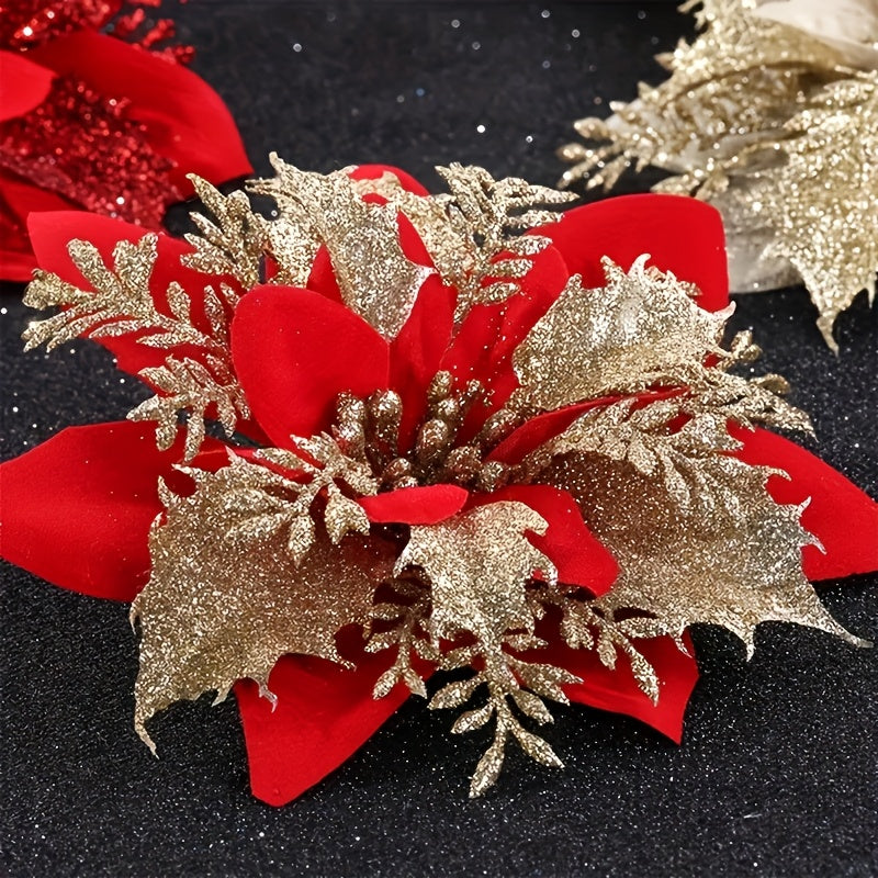 60-Piece 5.5-Inch Shiny Double-Layer Pink Edge - Christmas Floral Strips with Tree Decor and Wreath Accessories - Ideal for Holiday Parties & Weddings - Includes 30 Flower Branches + 30 Clips
